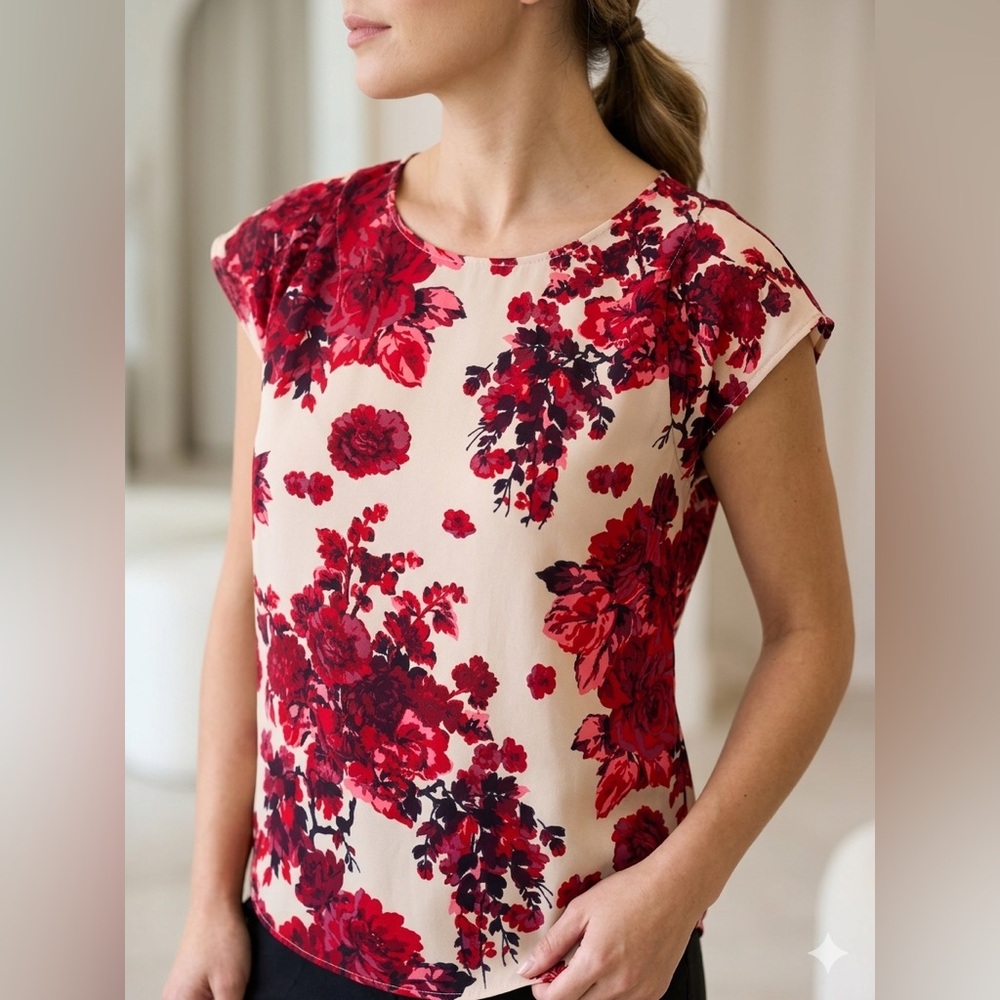 Philosophy Red Floral Cap-Sleeve Blouse